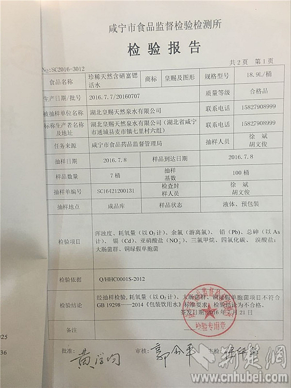 1咸寧市食品監(jiān)督檢驗(yàn)檢測所發(fā)布的檢驗(yàn)報(bào)告顯示皇賜桶裝飲用水耗氧量、大腸菌群、銅綠假單胞菌超標(biāo)_副本.jpg